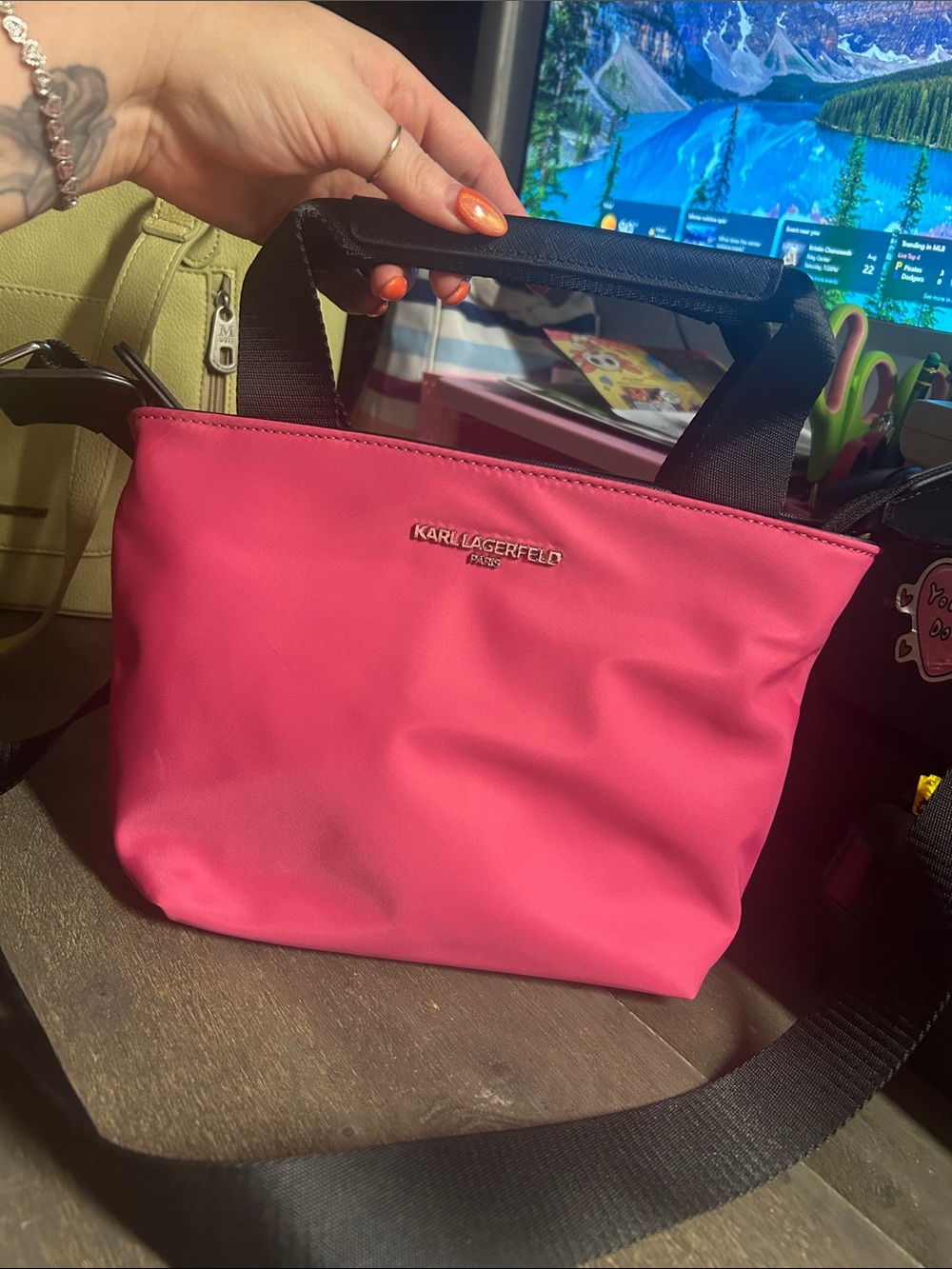 Karl Lagerfeld Hot Pink Crossbody Tote with Black Straps
